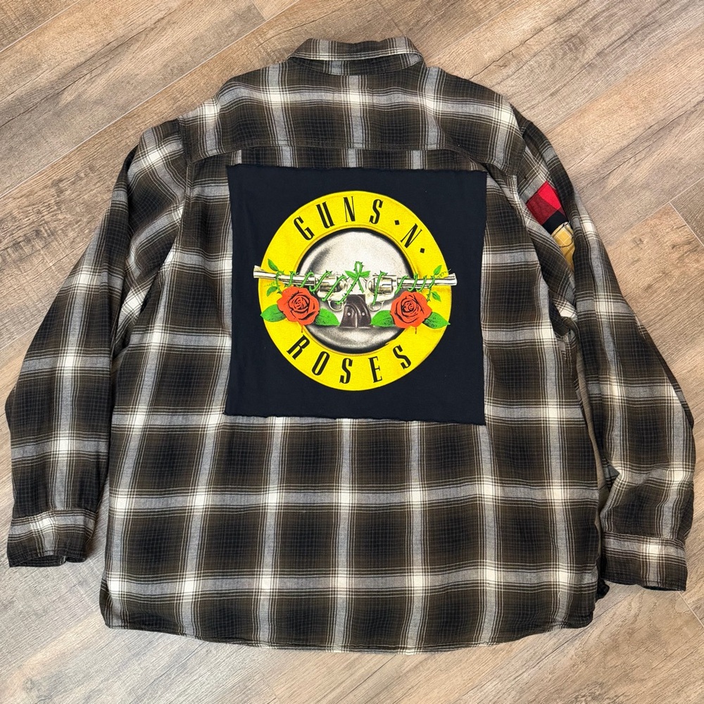 Guns N' Roses Patch Plaid Flannel Shirt Unisex‎ XXXL USA Cotton Concert 80s 90s